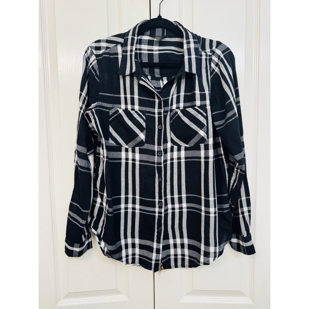 LUCKY Brand Women's Small Button Up Plaid Shirt Black Flannel Preppy Long Sleeve